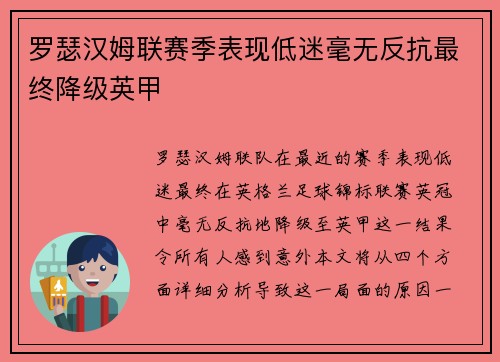 罗瑟汉姆联赛季表现低迷毫无反抗最终降级英甲